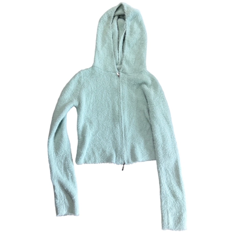 BDG Urban Outfitters Fuzzy Knit Zip Up‎ Hoodie XS Mint Blue Cropped Sweater